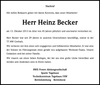 Anzeige von Heinz Becker von Kölner Stadt-Anzeiger / Kölnische Rundschau / Express
