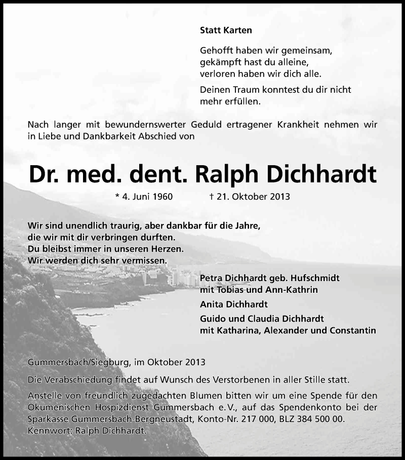  Traueranzeige für Ralpf Dichhardt vom 26.10.2013 aus Kölner Stadt-Anzeiger / Kölnische Rundschau / Express