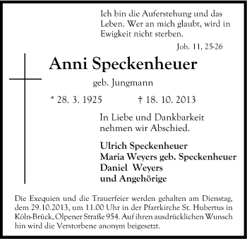 Anzeige von Anni Speckenheuer von Kölner Stadt-Anzeiger / Kölnische Rundschau / Express