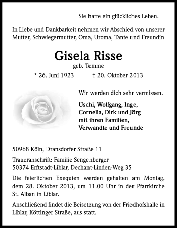 Anzeige von Gisela Risse von Kölner Stadt-Anzeiger / Kölnische Rundschau / Express