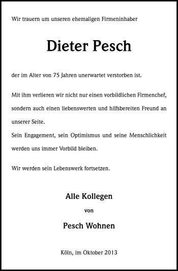 Anzeige von Dieter Pesch von Kölner Stadt-Anzeiger / Kölnische Rundschau / Express