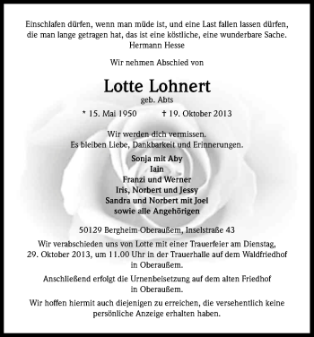 Anzeige von Lotte Lohnert von Kölner Stadt-Anzeiger / Kölnische Rundschau / Express