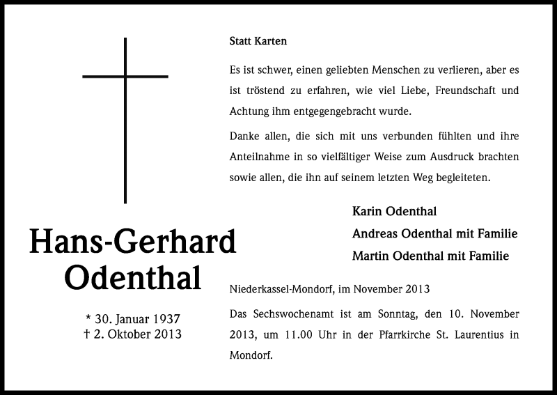  Traueranzeige für Hans-Gerhard Odenthal vom 02.11.2013 aus Kölner Stadt-Anzeiger / Kölnische Rundschau / Express
