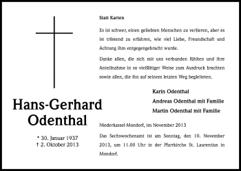 Anzeige von Hans-Gerhard Odenthal von Kölner Stadt-Anzeiger / Kölnische Rundschau / Express
