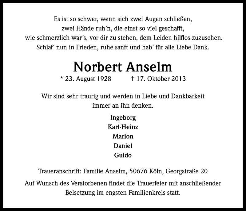  Traueranzeige für Norbert Anselm vom 26.10.2013 aus Kölner Stadt-Anzeiger / Kölnische Rundschau / Express