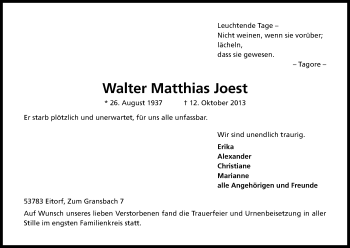 Anzeige von Walter Matthias Jost von Kölner Stadt-Anzeiger / Kölnische Rundschau / Express
