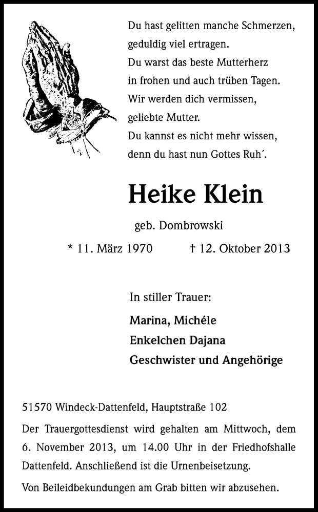  Traueranzeige für Heike Klein vom 30.10.2013 aus Kölner Stadt-Anzeiger / Kölnische Rundschau / Express