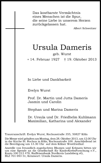 Anzeige von Ursula Dameris von Kölner Stadt-Anzeiger / Kölnische Rundschau / Express