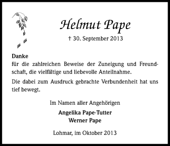 Anzeige von Helmut Pape von Kölner Stadt-Anzeiger / Kölnische Rundschau / Express
