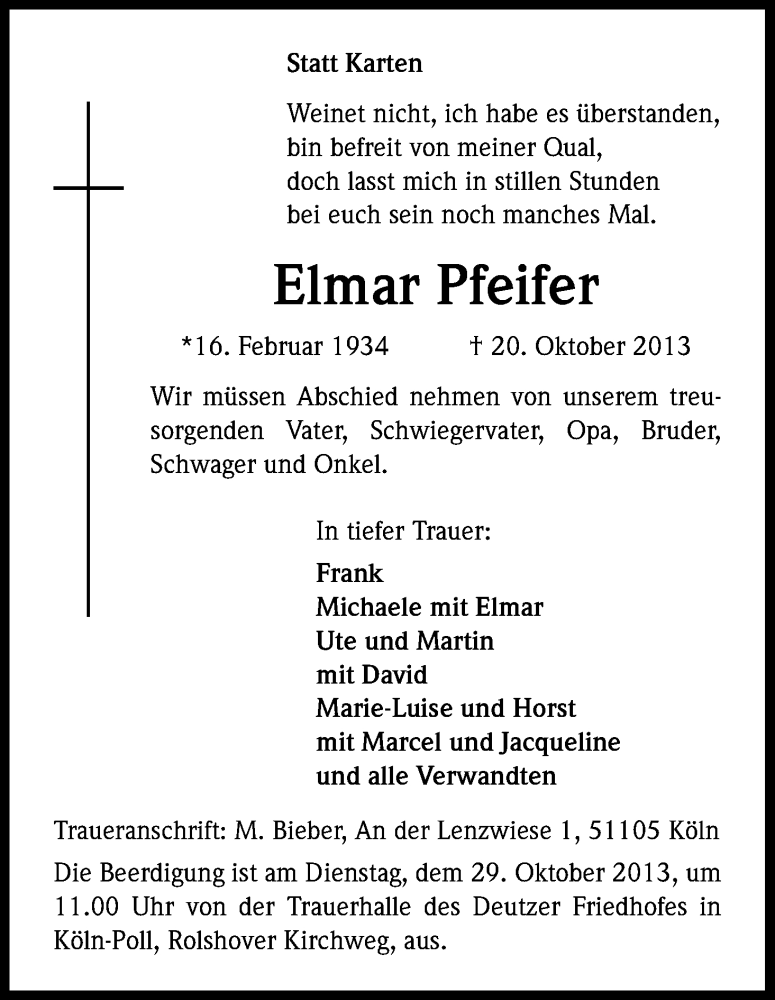  Traueranzeige für Elmar Pfeifer vom 24.10.2013 aus Kölner Stadt-Anzeiger / Kölnische Rundschau / Express
