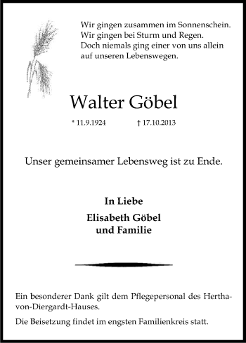 Anzeige von Walter Göbel von Kölner Stadt-Anzeiger / Kölnische Rundschau / Express