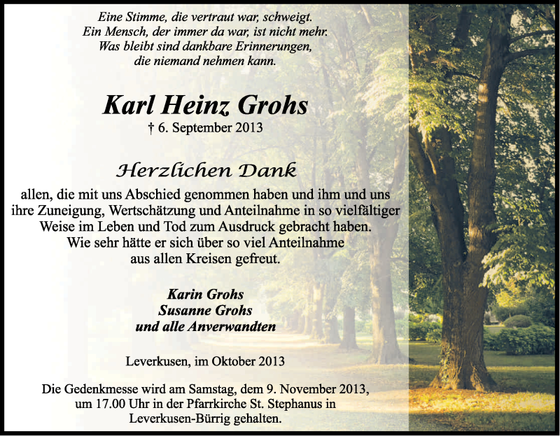  Traueranzeige für Karl Heinz Grohs vom 26.10.2013 aus Kölner Stadt-Anzeiger / Kölnische Rundschau / Express