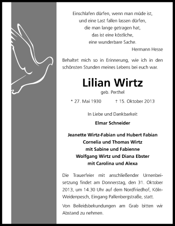 Anzeige von Lilian Wirtz von Kölner Stadt-Anzeiger / Kölnische Rundschau / Express