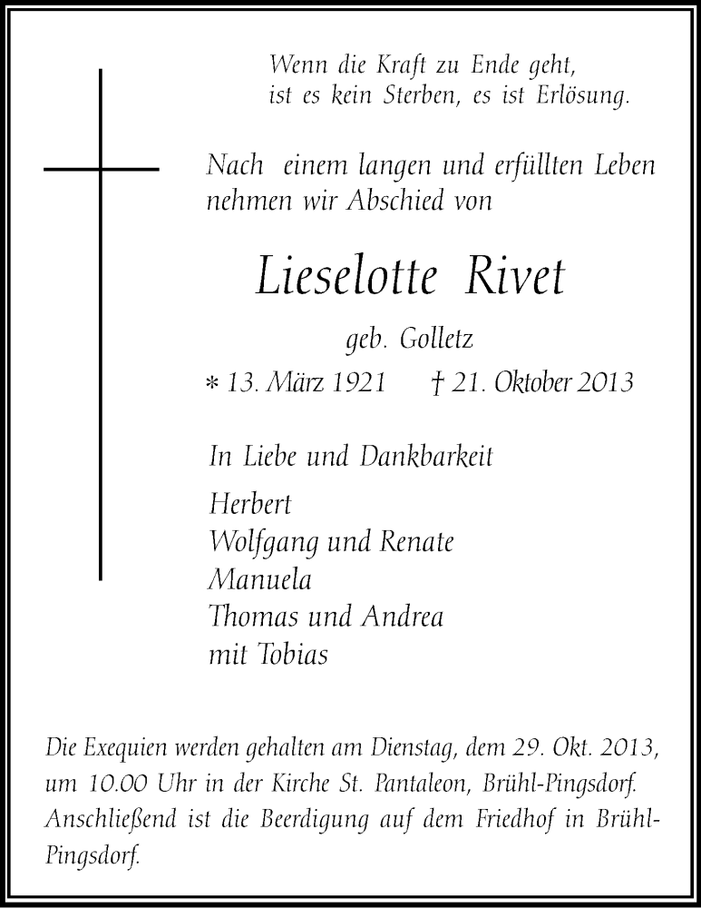  Traueranzeige für Lieselotte Rivet vom 26.10.2013 aus Kölner Stadt-Anzeiger / Kölnische Rundschau / Express