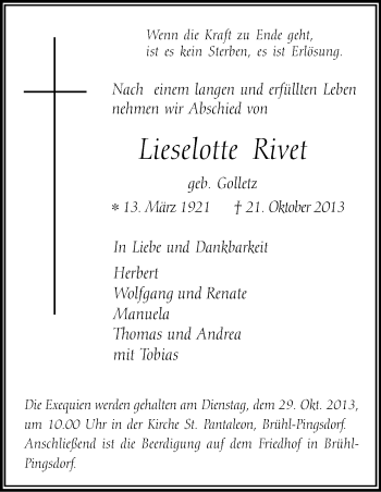 Anzeige von Lieselotte Rivet von Kölner Stadt-Anzeiger / Kölnische Rundschau / Express