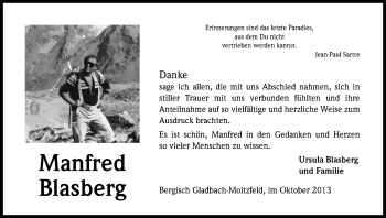 Anzeige von Manfred Blasberg von Kölner Stadt-Anzeiger / Kölnische Rundschau / Express