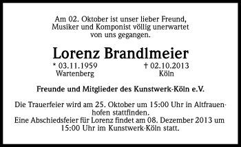 Anzeige von Lorenz Brandlmeier von Kölner Stadt-Anzeiger / Kölnische Rundschau / Express