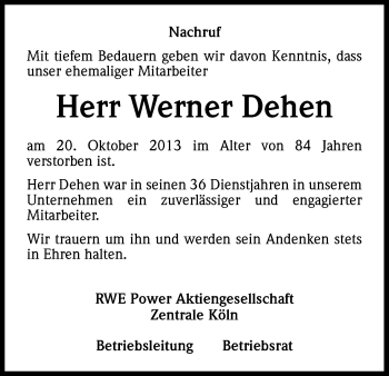 Anzeige von Werner Dehen von Kölner Stadt-Anzeiger / Kölnische Rundschau / Express