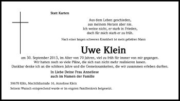 Anzeige von Uwe Klein von Kölner Stadt-Anzeiger / Kölnische Rundschau / Express