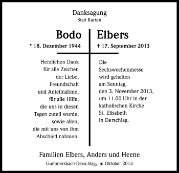 Anzeige von Bodo Elbers von Kölner Stadt-Anzeiger / Kölnische Rundschau / Express