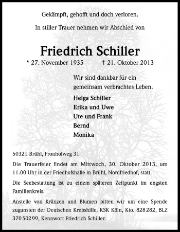 Anzeige von Friedrich Schiller von Kölner Stadt-Anzeiger / Kölnische Rundschau / Express
