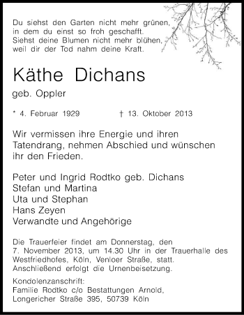 Anzeige von Käthe Dichans von Kölner Stadt-Anzeiger / Kölnische Rundschau / Express