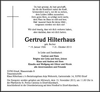 Anzeige von Gertrud Hilterhaus von Kölner Stadt-Anzeiger / Kölnische Rundschau / Express