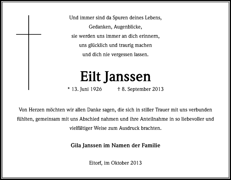 Traueranzeige für Eilt Janssen vom 26.10.2013 aus Kölner Stadt-Anzeiger / Kölnische Rundschau / Express