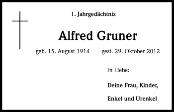 Anzeige von Alfred Gruner von Kölner Stadt-Anzeiger / Kölnische Rundschau / Express