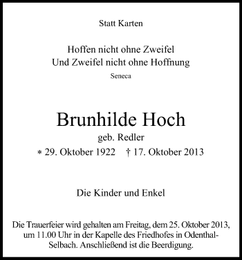 Anzeige von Brunhilde Hoch von Kölner Stadt-Anzeiger / Kölnische Rundschau / Express