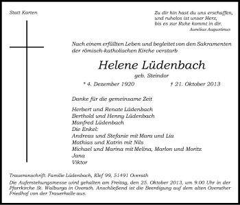 Anzeige von Helene Lüdenbach von Kölner Stadt-Anzeiger / Kölnische Rundschau / Express