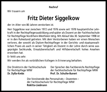 Anzeige von Fritz Dieter Siggelkow von Kölner Stadt-Anzeiger / Kölnische Rundschau / Express