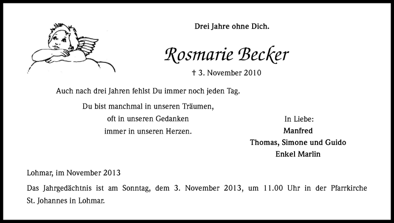 Traueranzeige für Rosmarie Becker vom 31.10.2013 aus Kölner Stadt-Anzeiger / Kölnische Rundschau / Express