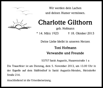Anzeige von Charlotte Gilthorn von Kölner Stadt-Anzeiger / Kölnische Rundschau / Express