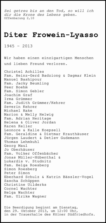 Anzeige von Diter Frowein-Lyasso von Kölner Stadt-Anzeiger / Kölnische Rundschau / Express