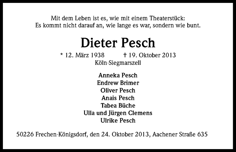  Traueranzeige für Dieter Pesch vom 24.10.2013 aus Kölner Stadt-Anzeiger / Kölnische Rundschau / Express
