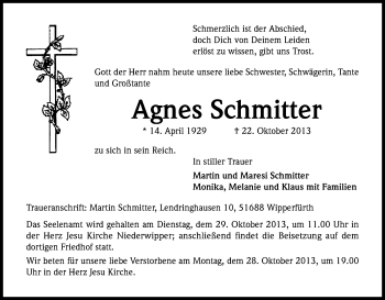 Anzeige von Agnes Schmitter von Kölner Stadt-Anzeiger / Kölnische Rundschau / Express