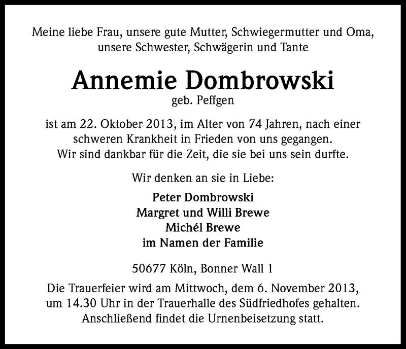  Traueranzeige für Annemie Dombrowski vom 26.10.2013 aus Kölner Stadt-Anzeiger / Kölnische Rundschau / Express