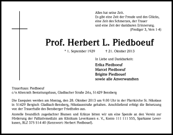 Anzeige von Herbert Piedboeouf von Kölner Stadt-Anzeiger / Kölnische Rundschau / Express