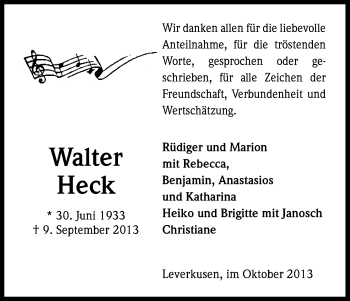 Anzeige von Walter Heck von Kölner Stadt-Anzeiger / Kölnische Rundschau / Express