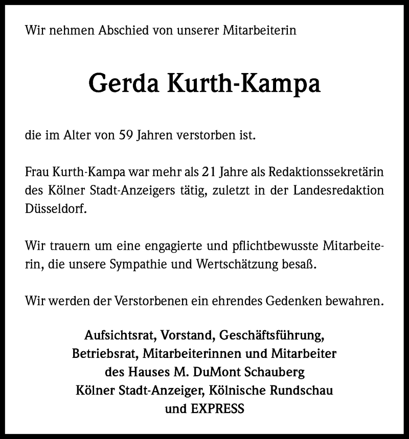  Traueranzeige für Gerda Kurth-Kampa vom 26.10.2013 aus Kölner Stadt-Anzeiger / Kölnische Rundschau / Express