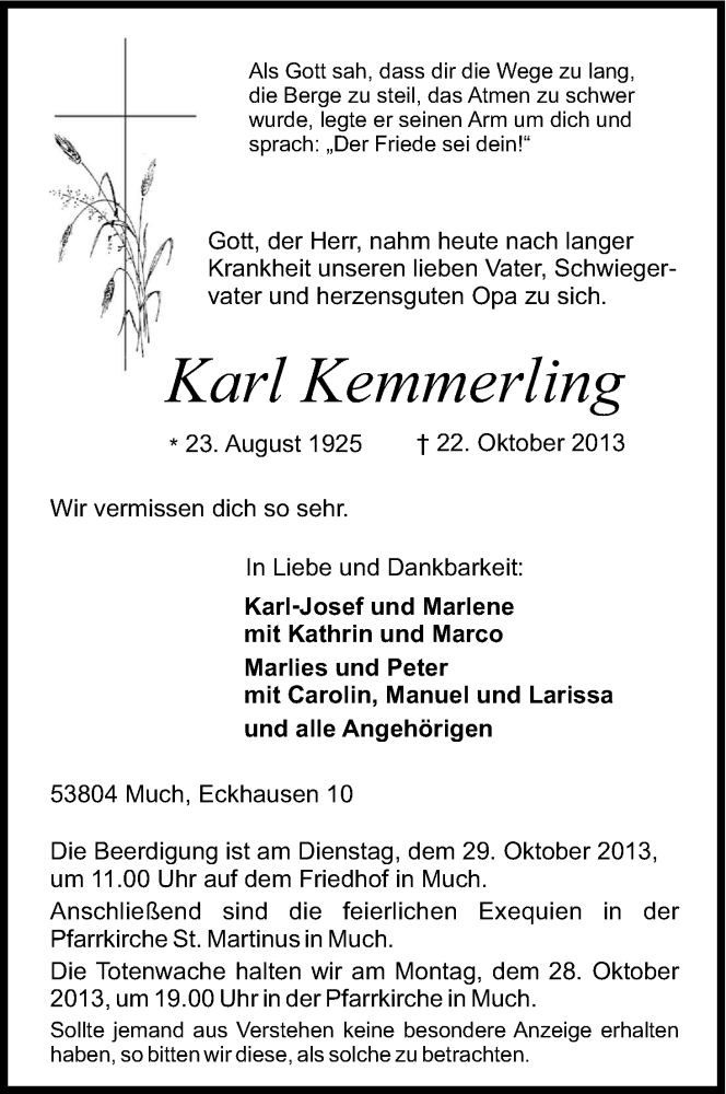  Traueranzeige für Karl Kemmerling vom 25.10.2013 aus Kölner Stadt-Anzeiger / Kölnische Rundschau / Express
