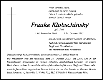 Anzeige von Frauke Klobschinsky von Kölner Stadt-Anzeiger / Kölnische Rundschau / Express