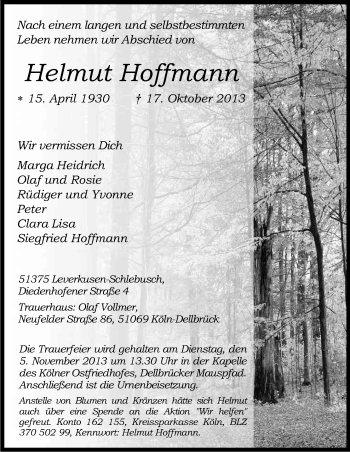 Anzeige von Helmut Hoffmann von Kölner Stadt-Anzeiger / Kölnische Rundschau / Express