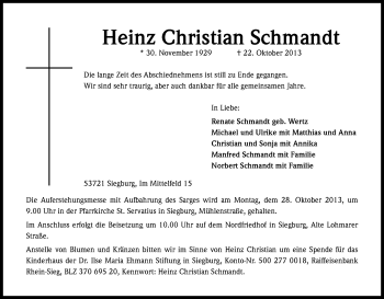 Anzeige von Heinz Christian Schmandt von Kölner Stadt-Anzeiger / Kölnische Rundschau / Express