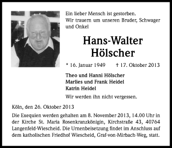 Anzeige von Hans-Walter Hölscher von Kölner Stadt-Anzeiger / Kölnische Rundschau / Express
