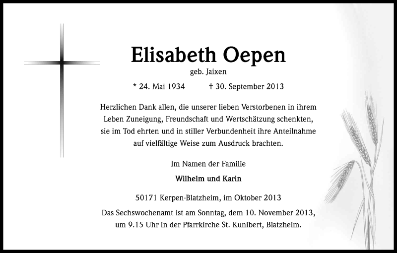  Traueranzeige für Elisabeth Oepen vom 02.11.2013 aus Kölner Stadt-Anzeiger / Kölnische Rundschau / Express