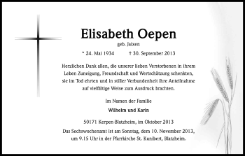 Anzeige von Elisabeth Oepen von Kölner Stadt-Anzeiger / Kölnische Rundschau / Express