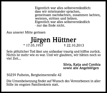 Anzeige von Jürgen Hüttner von Kölner Stadt-Anzeiger / Kölnische Rundschau / Express