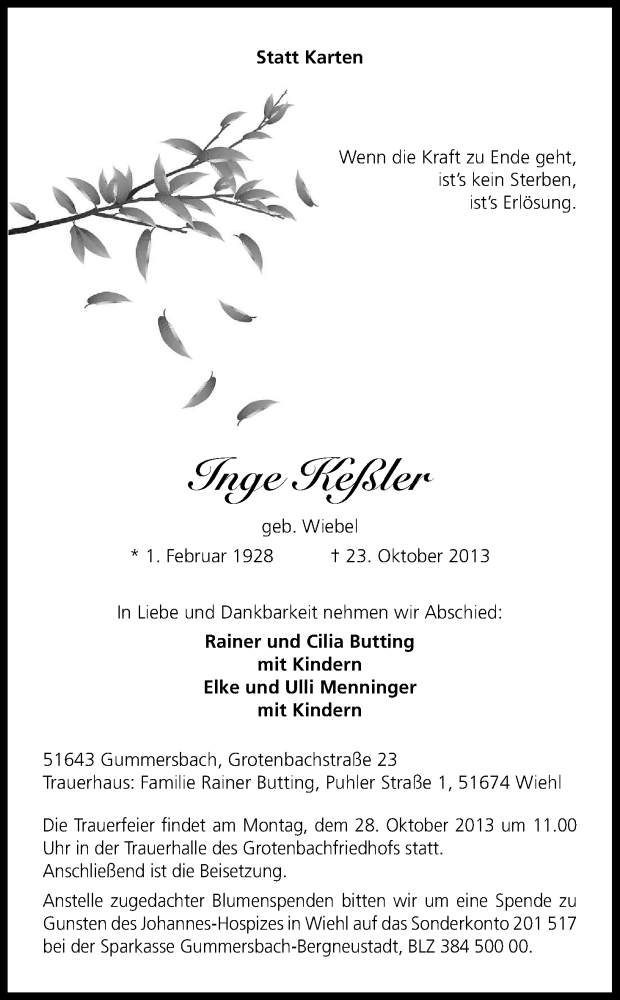  Traueranzeige für Inge Keßler vom 25.10.2013 aus Kölner Stadt-Anzeiger / Kölnische Rundschau / Express